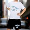 Boys 2 Piece Cartoon Whale Printed Outfit, Short Sleeve T-Shirt and Shorts Set for Kids Age 5-14,Black,White Sporty Casual Summer Clothes