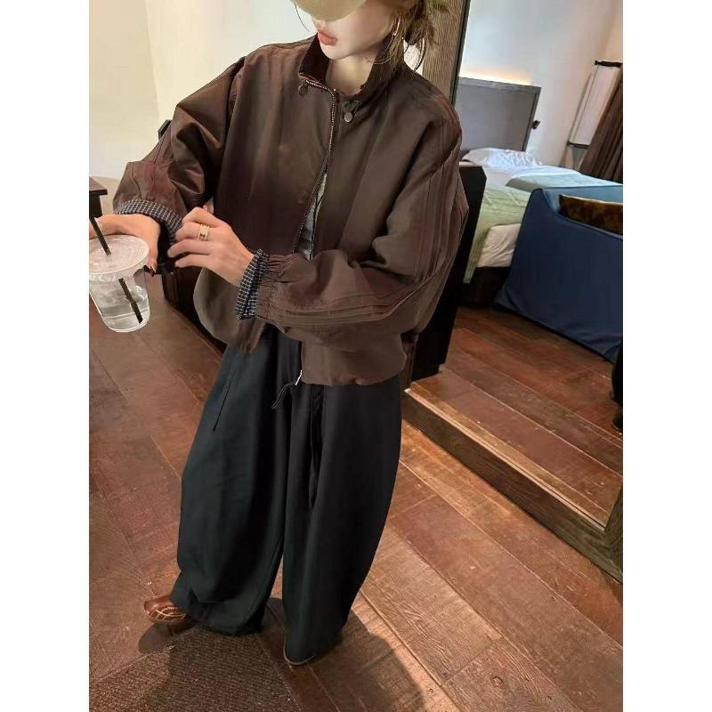 Casual Stand-up Collar Plaid Splicing Jacket Short European 2025 Autumn New Loose Fashion Jacket Top