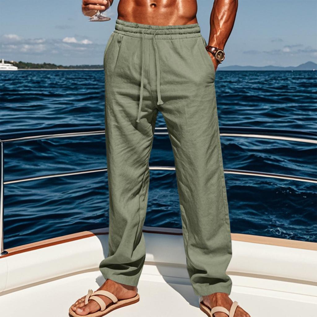 Men's Linen Casual Straight Leg Pants Loose Fit Breathable Summer Beach Trousers for