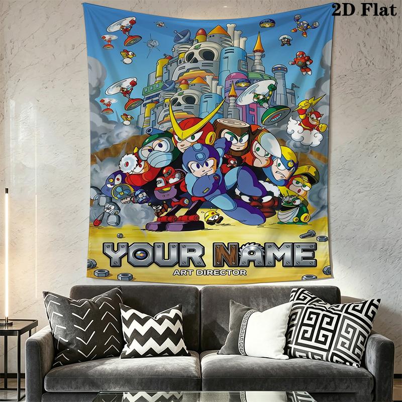 Name Custom Mega Man Anime Wall Tapestry Aesthetic Wall Hanging Printed Fabric Blanket Decorative Tapestries for Bedroom Living Room Home Decor