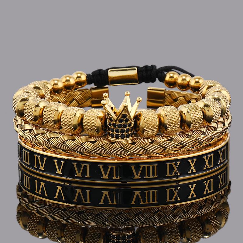Set di Lusso Ciondoli Corona Bracciale Uomo Acciaio Inossidabile Romano Braccialetti Donna Gioielli per le Mani Regalo di San Valentino