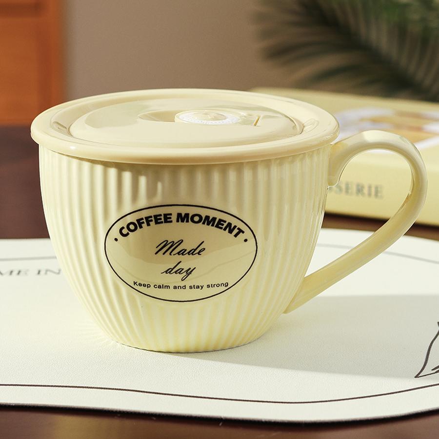 Keramik 700ml Schüssel/Tasse mit großem Fassungsvermögen mit Deckel und Löffel, mit Vintage-Textur; geeignet für Suppe, Kaffee oder Instantnudeln.