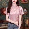 Dámský růžový žakárový pulovr s krátkým rukávem a stojáčkem - Módní letní top v čínském stylu pro rok 2024