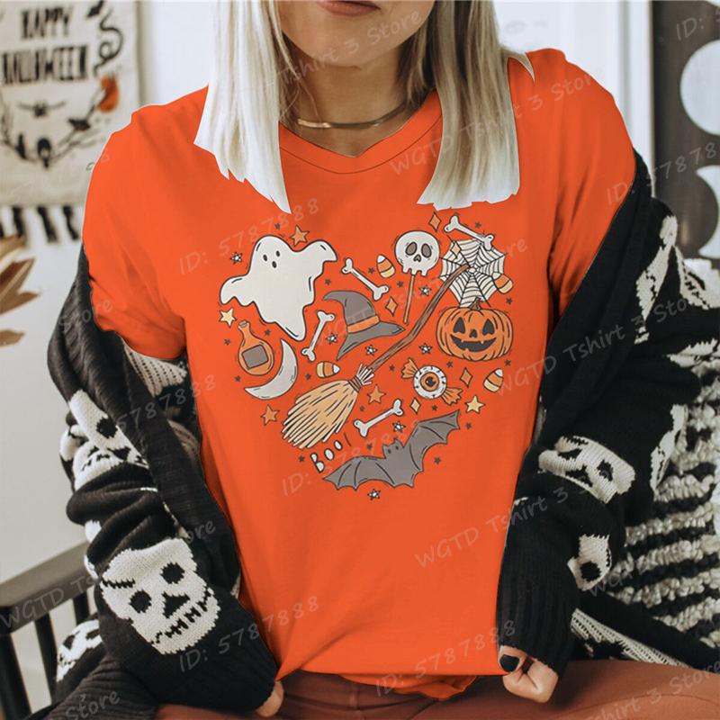 Funny Halloween Skeleton  Pumpkin Letter Print Tshirts Trendy Casual Short Sleeve Crew Neck Tees Tops Womens Clothing