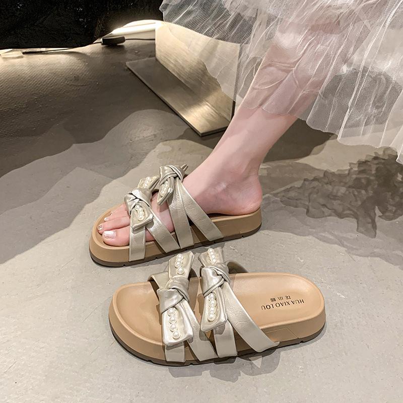 

thick-soled pearl slippers female summer 2025 new fairy style fashion bow muffin open-toed cool slippers 40 шампанського