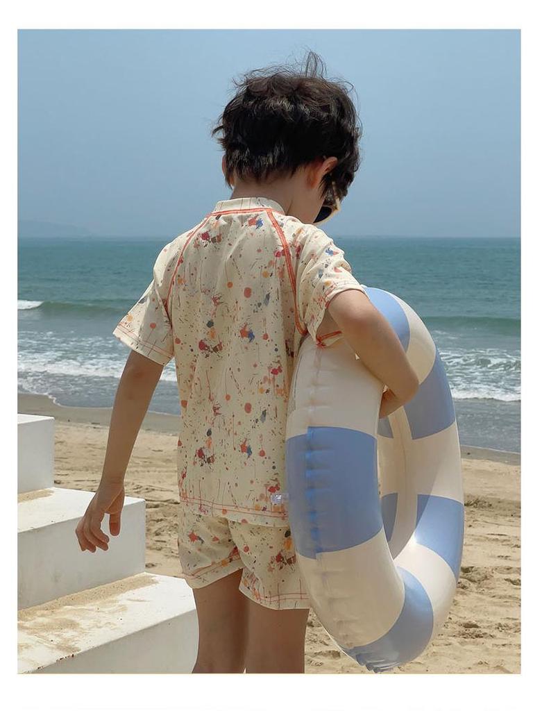 Colorful Cartoon Swimsuit Set for Kids: Short Sleeve Top & Shorts - Perfect for Beach or Hot Spring Adventures