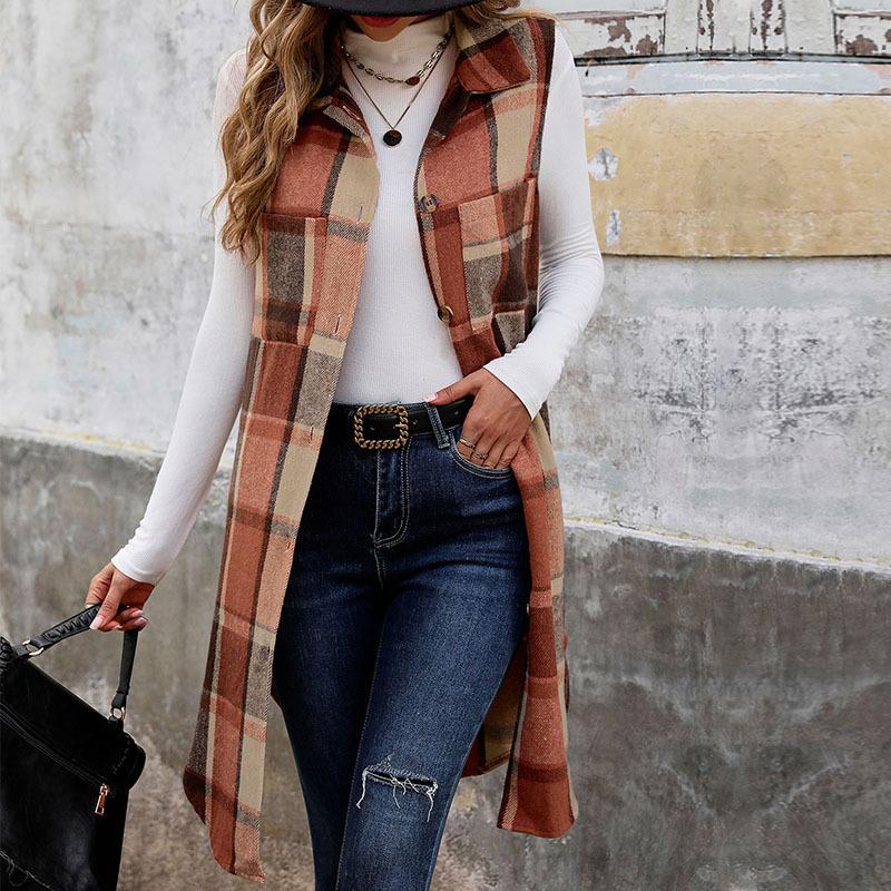 Autumn and Winter New Sleeveless Lapel Plaid Vest Jacket Retro Medium and Long