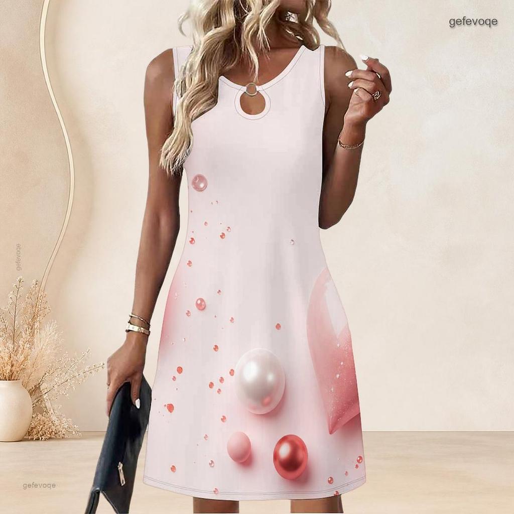 Women Plus Size Sleeveless A Line Dress Black Printed Round Neck Keyhole Ring Detail