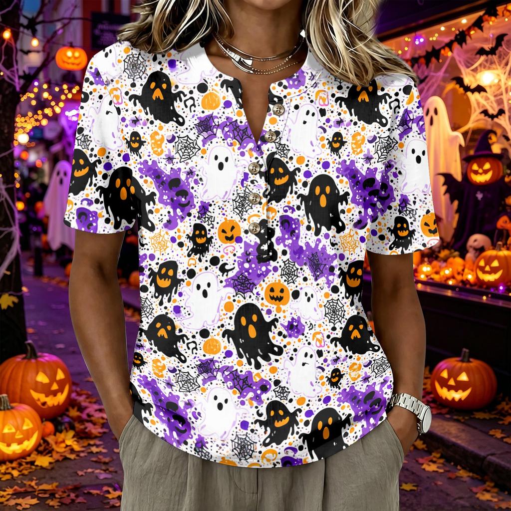 Women's Short Sleeve Henley Shirt Button Front Casual Loose Fit Cotton Linen Blend Top Halloween Graphic Print