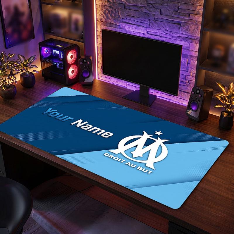 Olympique Marseille FC Custom Large Mouse Pad, Personalized Name Text Print, Football Logo Non‑Slip Desk Mat Gaming Gift