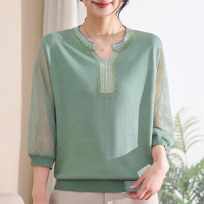 Mom's Spring Gauze Knit Top - Breathable Seven-Sleeve T-Shirt for Middle-Aged and Elderly Women