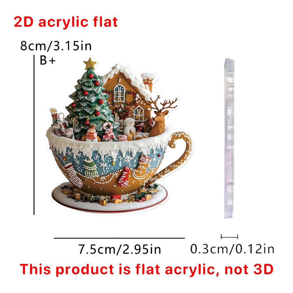 Christmas Decor Coffee Cup Ornaments 2D Acrylic flat Christmas Snow Houses Chocolate Mug Pendant  Christmas tree pendant