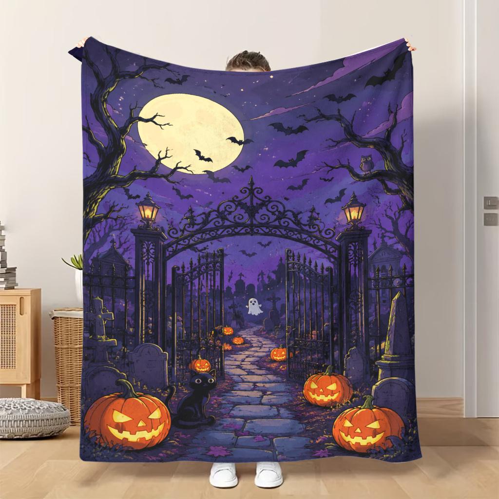 1pc Flannel Blanket Halloween Night Cemetery Scene Soft Comfortable And Warm This Nap Blanket/Sofa Blanket Is Suitable for All Sea