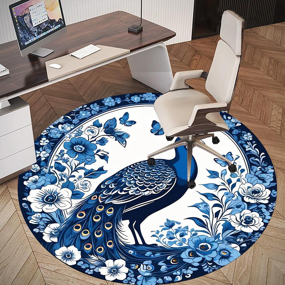 1pc Peacock Flowers Round Chair mat Area Rug - Non-Slip, Floor Mat for Office, Bedroom, and Indoor Decor -1002210