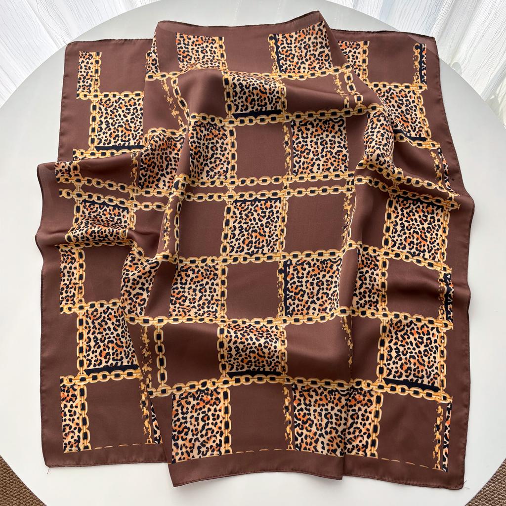 Leopard Printed Square Scarf Women Imitation Silk Scarves Bandanas Luxury Hijab Neckerchief Elegant Travel Shawl Wraps