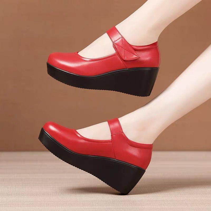Round Head Waterproof Table Velcro Soft Leather Comfortable Shoes Spring Shallow Mouth Bevel Heel Thick Sole Muffin Single Shoes