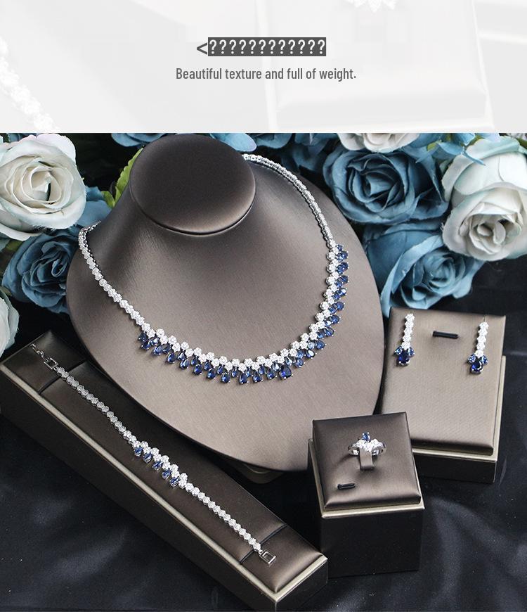 Korean Bridal Jewelry Set: Zircon Necklace, Earrings & Ring - Elegant Wedding Accessories