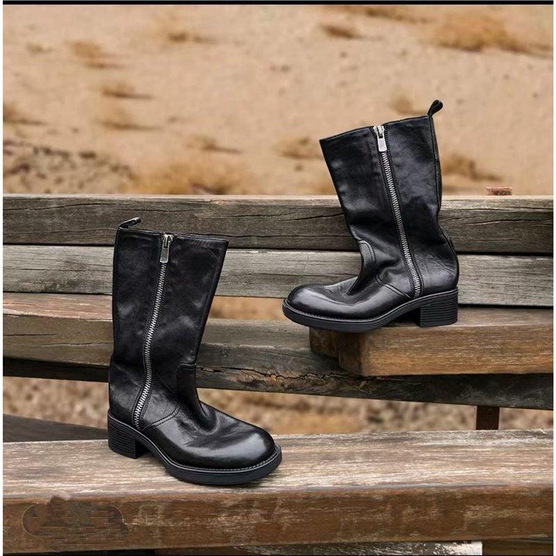 Washing Process Retro Autumn And Winter Knight Boots Women'S Medium Boots British Thick Heel Round Head Leather Side Zipper Fashion Riding Boots