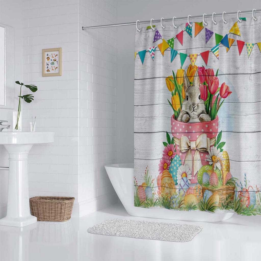 1PC Easter Bunny Easter Egg Decoration Shower Curtain, Playful rabbit theme With 12 hooks,Spring Holiday Bathroom Decoration