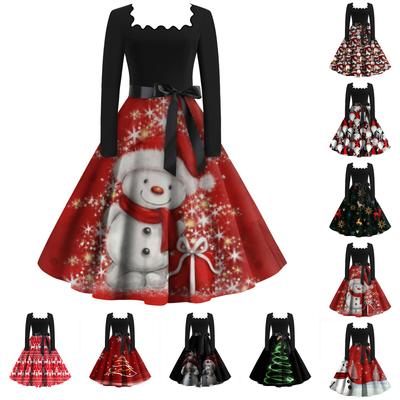 Vestidos de manga larga con estampado navideño, ajustados, informales y con cuello cuadrado a la moda para mujer