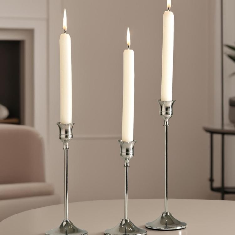 3Pcs Set of Elegant Candle Holders in Electroplated Aluminum Features Different Height for Versatiled Display