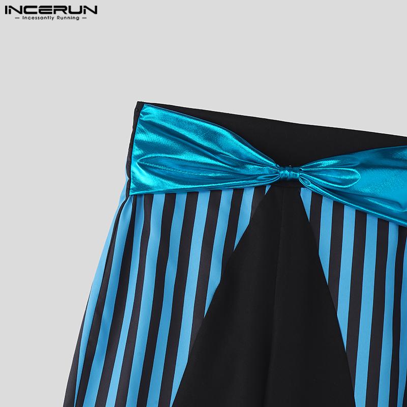 INCERUN Two-piece Men Long Sleeve Striped Mesh Sheer Crop Tops Bow Elastic Waist Pants Sets