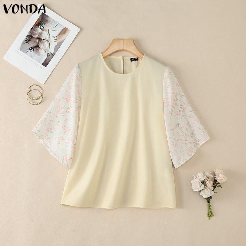 VONDA Summer Women O-Neck Print Splice 3/4 Sleeve Casual Loose Blouse