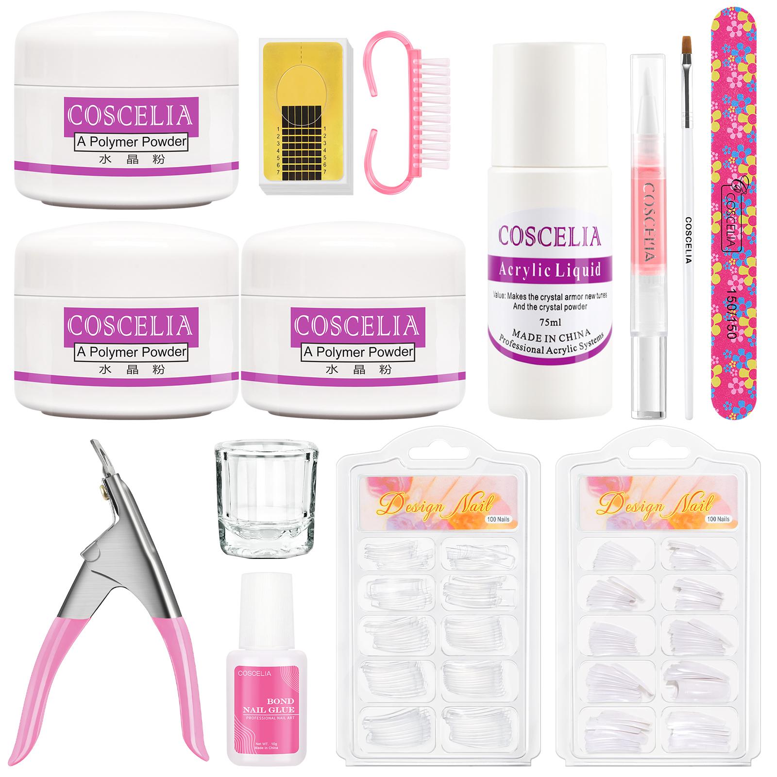 

COSCELIA Набор инструментов для акриловой пудры Акриловая пудра для ногтей Жидкость с формами для ногтей Набор для дизайна ногтей Резьба по ногтям Хрустальный порошок Набор для наращивания ногтей