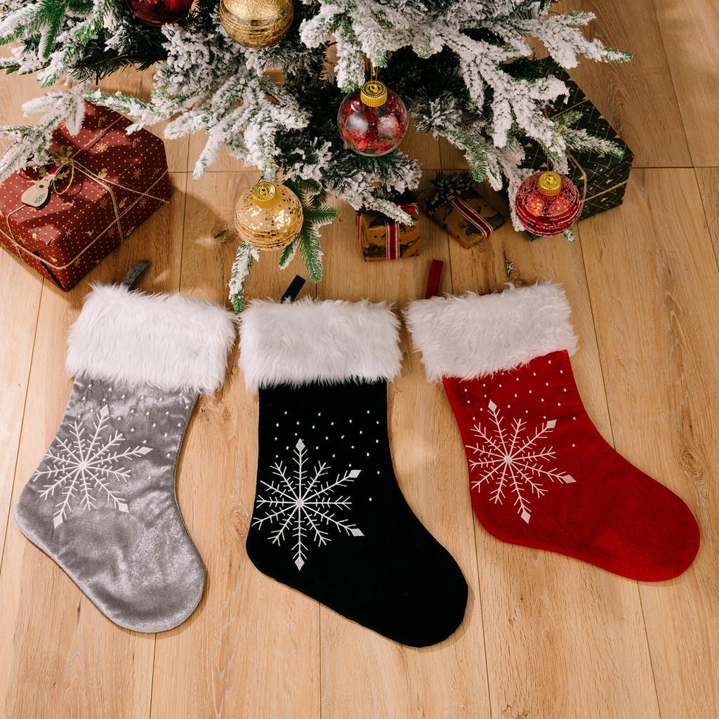 Christmas Beautifully Crafted Stockings With Plush Edging And Festive Snowflake Designs In Colors Three