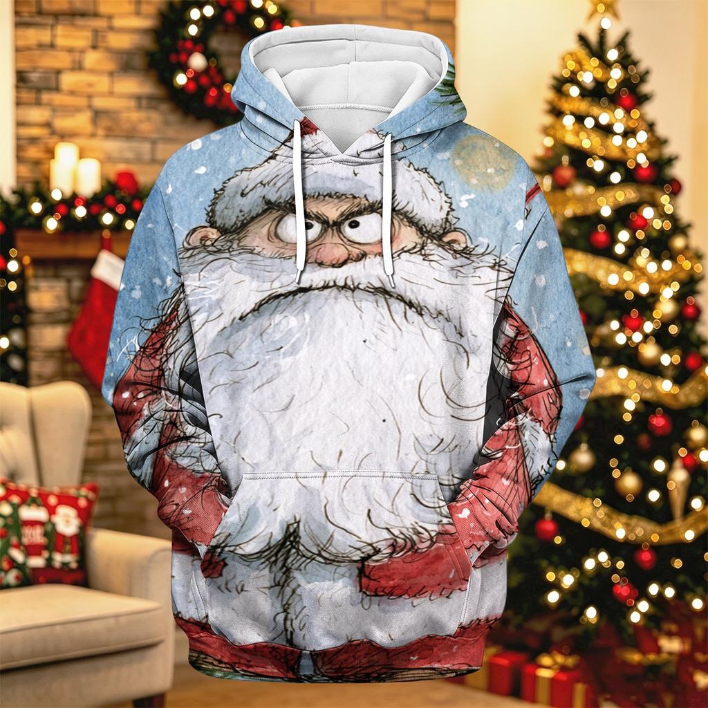 Men's Long Sleeve Hooded Sweatshirt with Christmas Print for Holiday Casual Wear