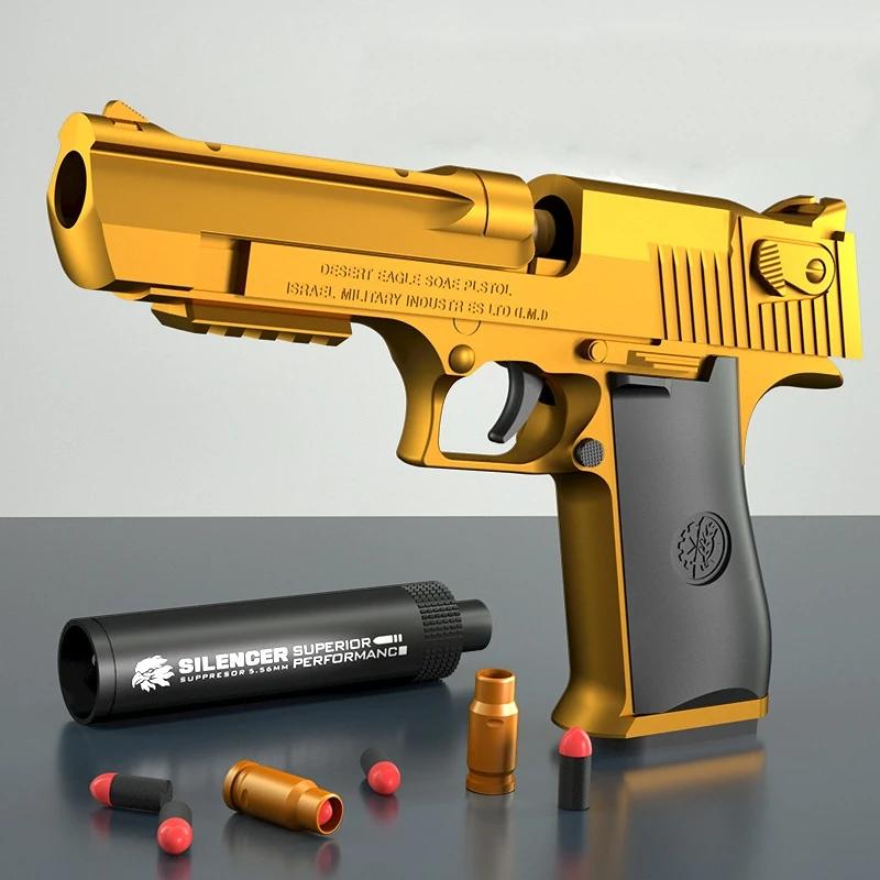 Kids Golden Desert Eagle Soft Shell Bullet Toy Gun Outdoor Combat Weapon Toy with Silencer Glock Simulation Bullet Pistol Model