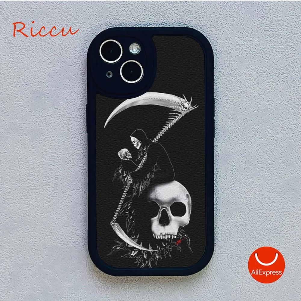 Grim Reaper Skull Skeleton Moblie Phone Case for Iphone 15 promax 12 13 pro 14 Pro  mini plus Lambskin Protective black Covers