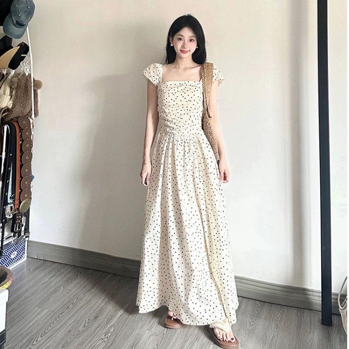 French square collar beige girlish dress women s summer new thin fairy polka dot dress S белый