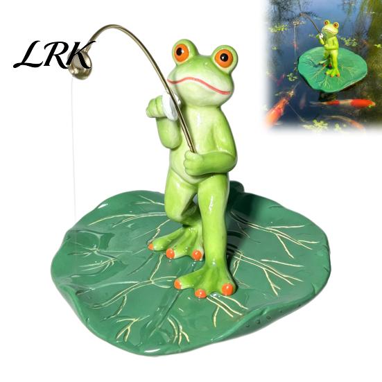 Outdoor Garden Pond Ornament Floating Frog Statue, Lotus Leaf Fishing Figurine, Cute Resin Small Micro Landscape Statue for Fish Tank Aquarium