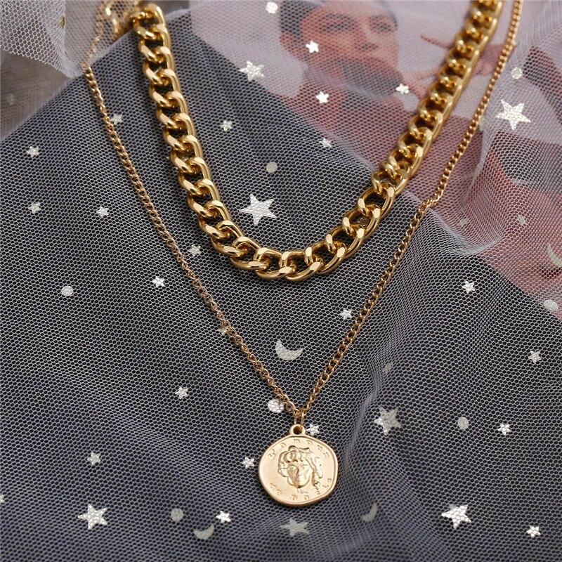 Collar con colgante de serpiente Punk Vintage para mujer, Hip Hop, Color dorado, cadena gruesa multicapa, retrato de moneda, joyería de moda