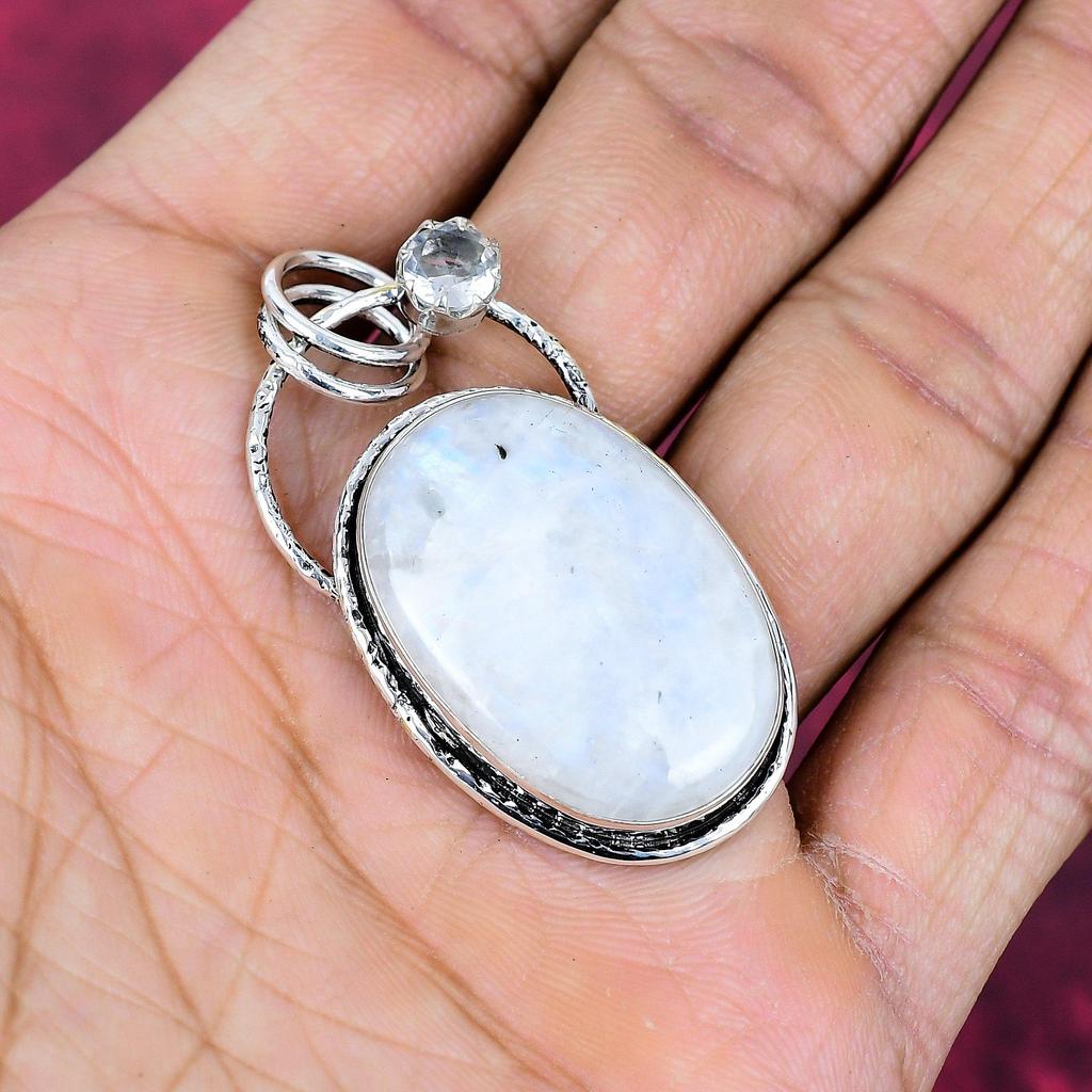Regenbogenmondstein & Weißtopas Schmuck, 925 Massiv Sterlingsilber Anhänger Schmuck, Handgefertigter Anhänger Edelstein Schmuck für Frauen