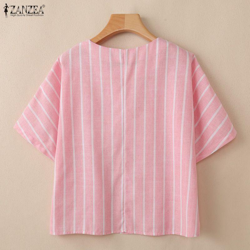 ZANZEA Women Casual Round Neck Loose Half Sleeve Stripe Blouse