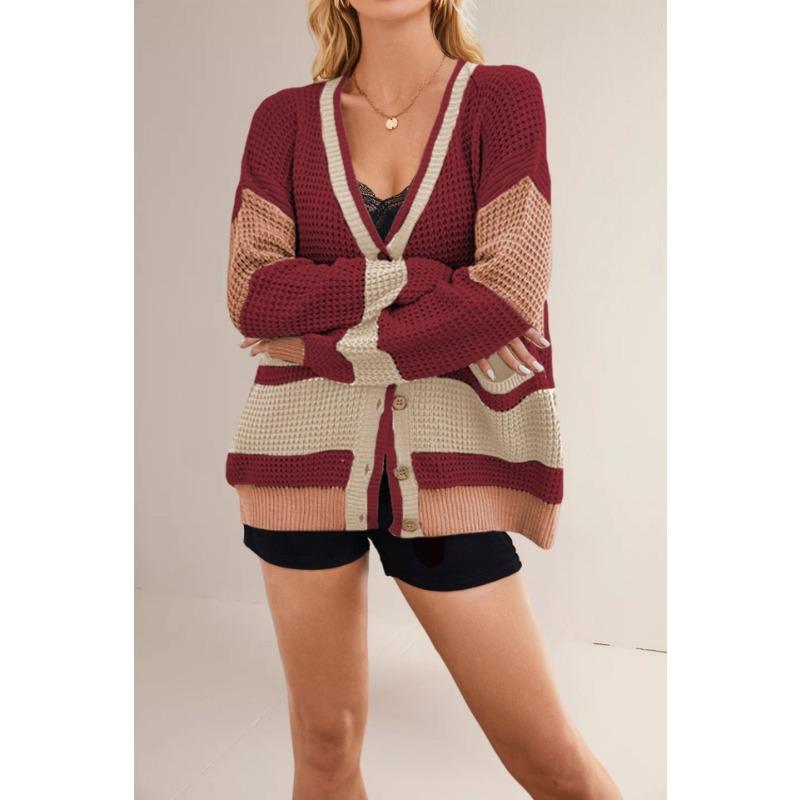 

Женская одежда осень и зима новый горячо продаваемый вязаный жакет V-образный вырез большой размер карман цветная вставка кардиган свитер женский XL красный