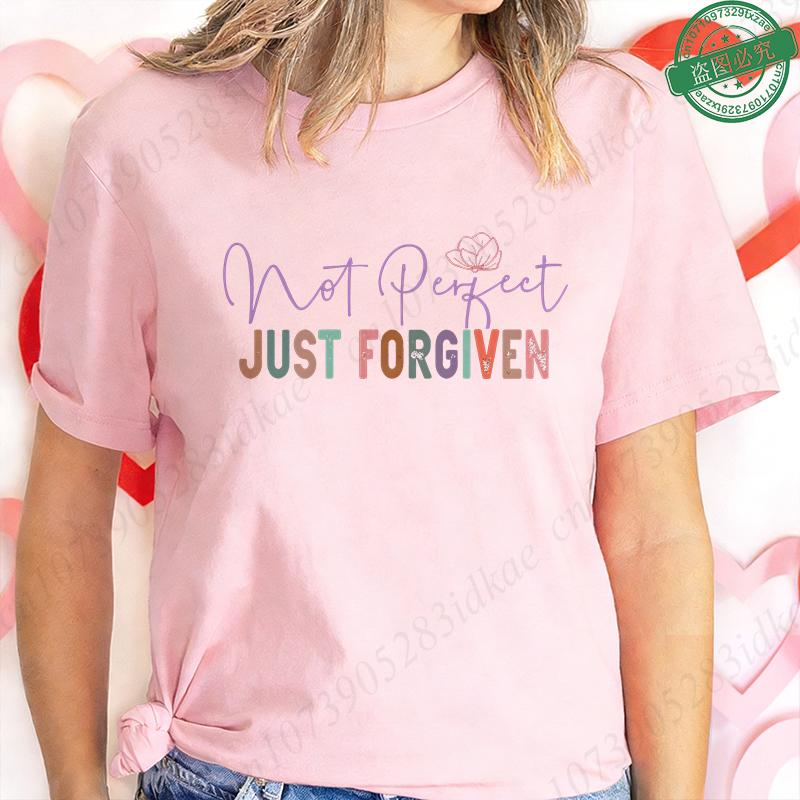 Nicht Perfekt Nur Vergeben T-Shirt für Damen Herz Kreuz Grafik T-Shirt Lässige Kurzarm O-Ausschnitt Oberteile Inspirierendes Christliches Geschenk