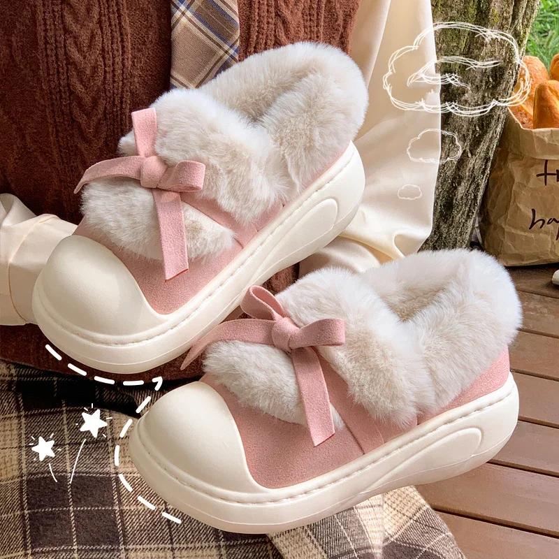 Fashion Cute Bowknot Fur Cotton Padded Shoes Women 2024 Faux Fur Warm Platform Snow Boots Woman Non Slip Thick Sole Winter Boots Female