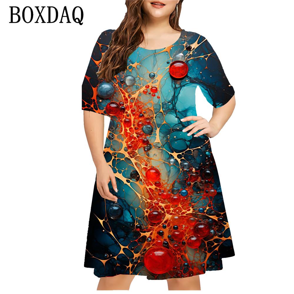 Tie Dye Splash-Ink Print Dresses Women Abstract New Pattern Loose Plus Size Dress Casual Short Sleeve Oversized Clothing