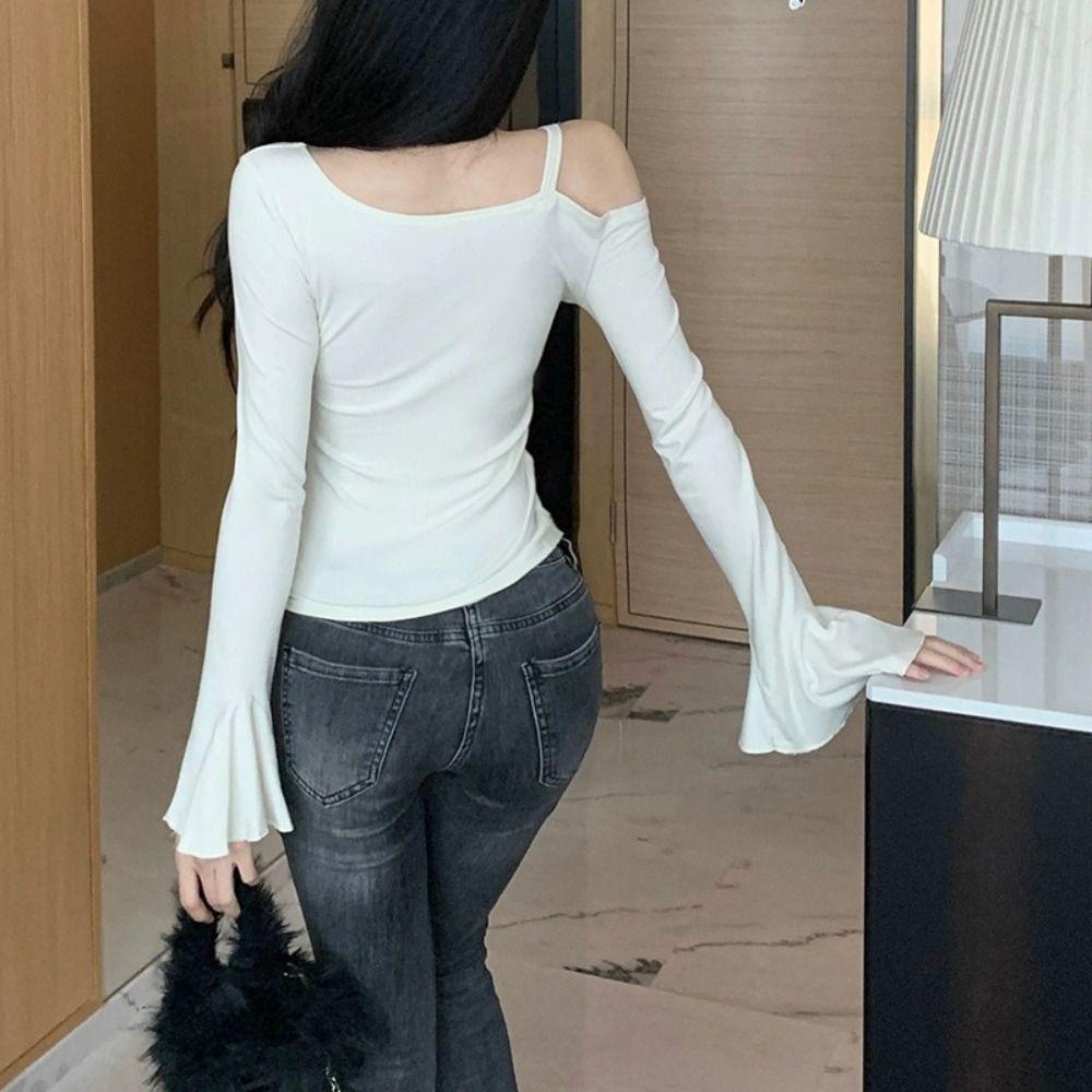 Drawstring Off Shoulder Top Slim Slanted Shoulder Top Sweet Long Sleeve Crop Top Summer