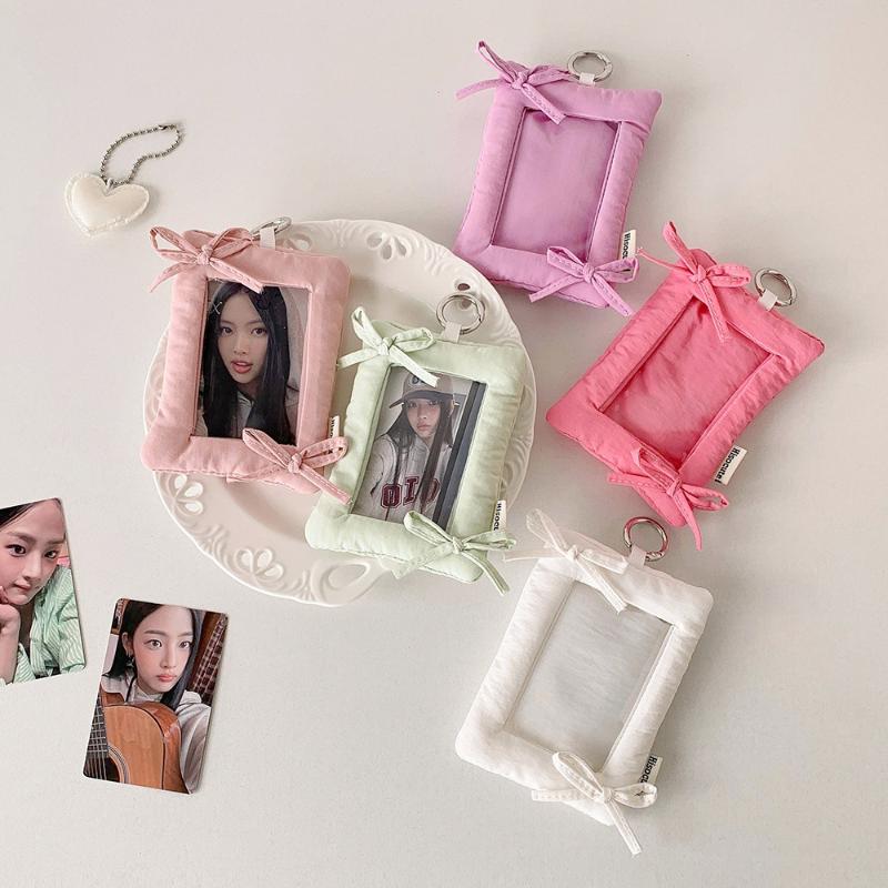 Simple Bow Card Holder Keychain Cute Portable Photocard Cover Idol Photo Card Holder Protective Cover Bag Pendant Gifts