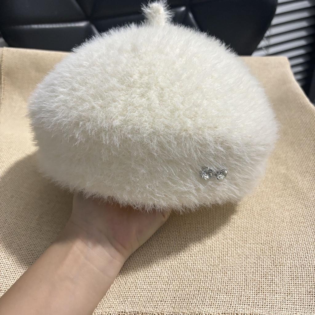 Diamond Pattern Rabbit Fur Beret For Women Plush Knitted Thickened Warm Winter Artist Hat Elegant Autumn Casual Cloche