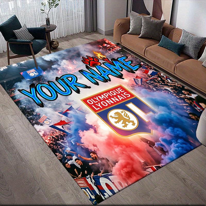 Custom Name,Olympique Lyonnais Home Sofa Decoration for Living Room & Bedroom, Non‑Slip Play Flannel Floor Mat for Game Room