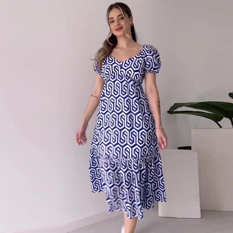 

2024 Summer V-Neck Casual Dress with European and American Digital Print XS синий