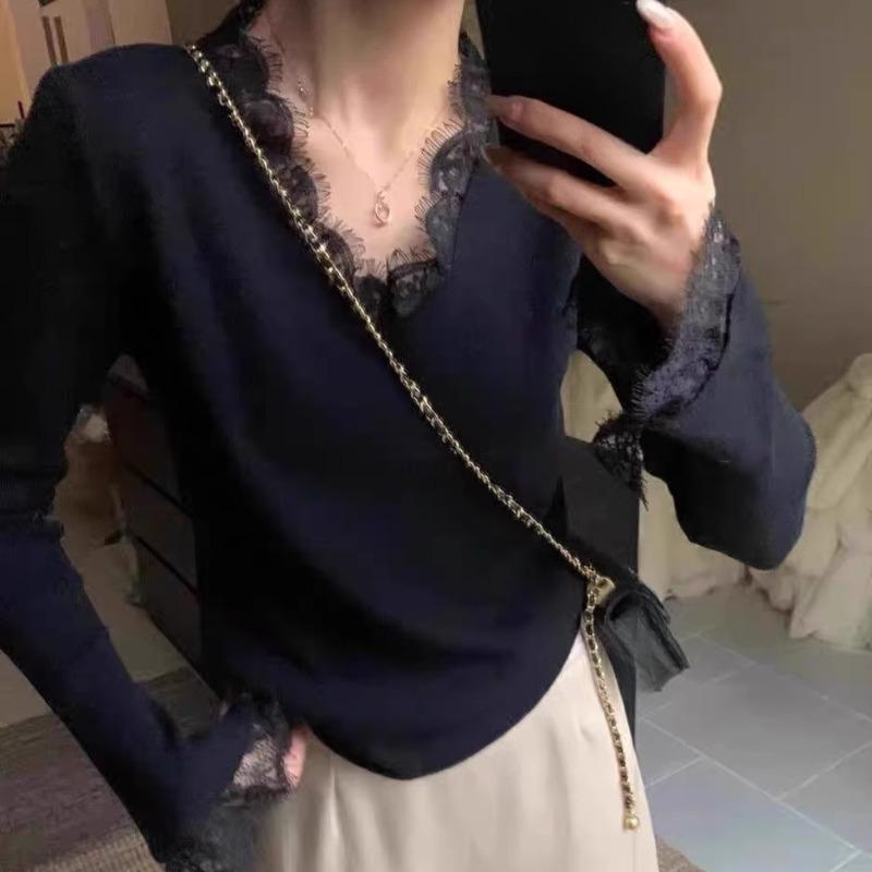 Matakawa Lace Ruffles Woman Sweaters V Neck Autumn Winter Flare Sleeve Solid Pullovers Korean Fashion Elegant Pull Femme