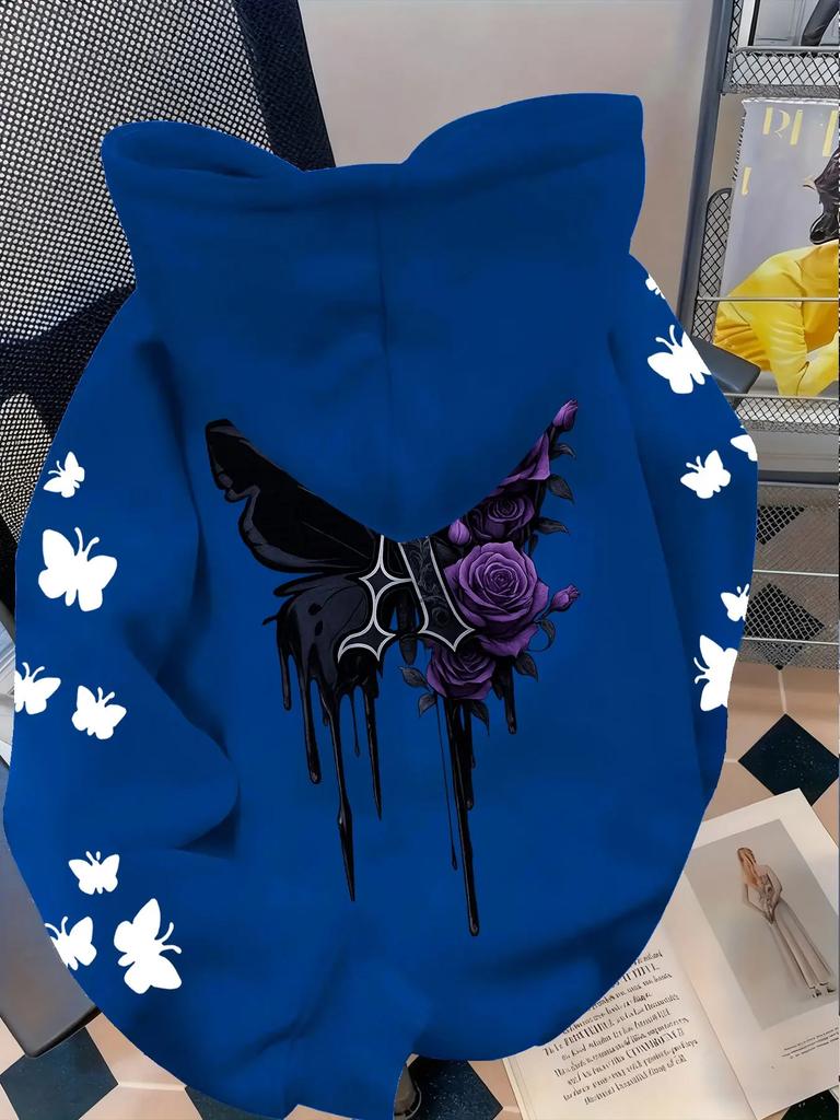 Women Gothic Hoodie Purple Rose Black Butterfly Drip Aesthetic Graphic Print Loose Fit Vintage Streetwear Pullover Sweatshirt