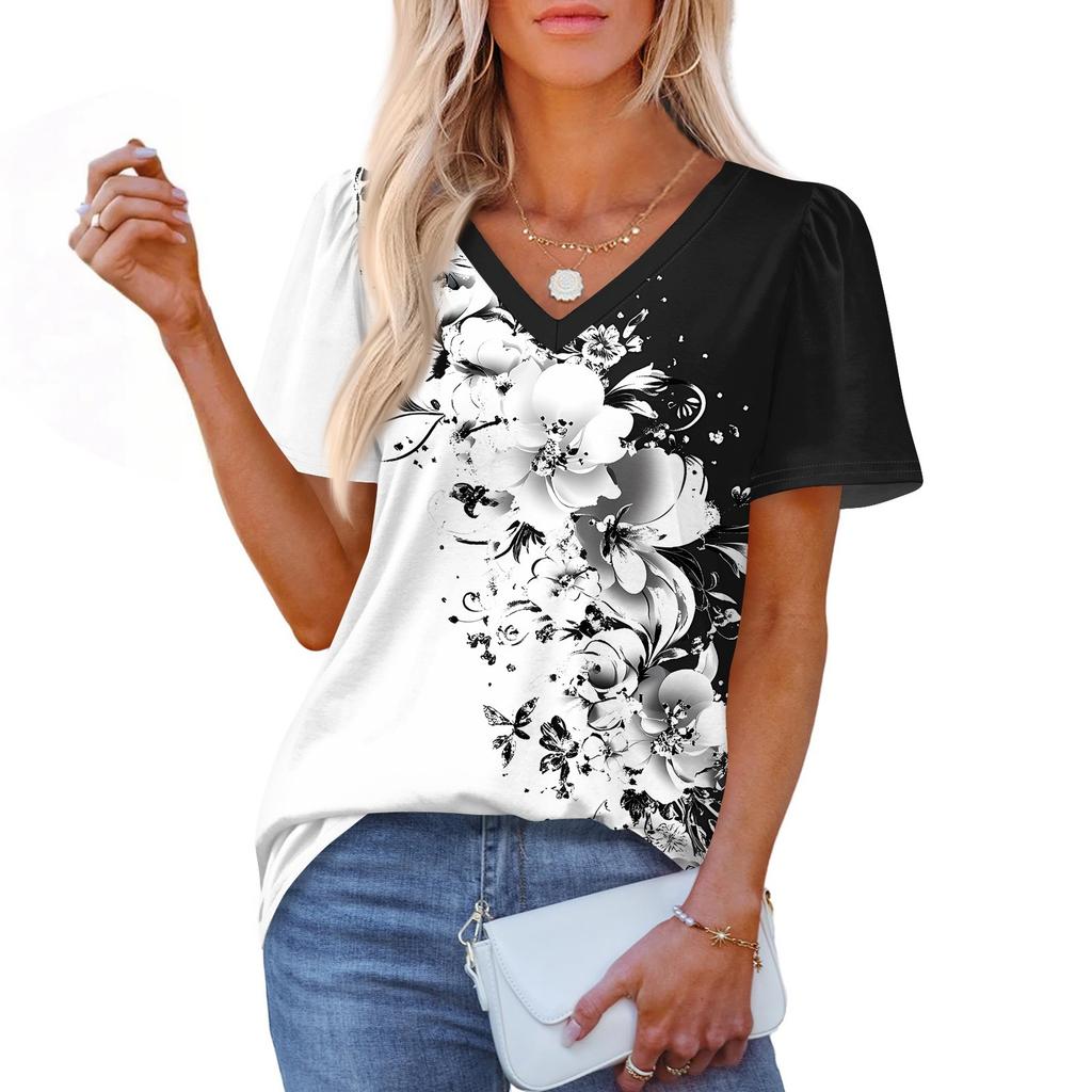 Women's Fashionable Casual Short Sleeve Print V-Neck Pullover Top