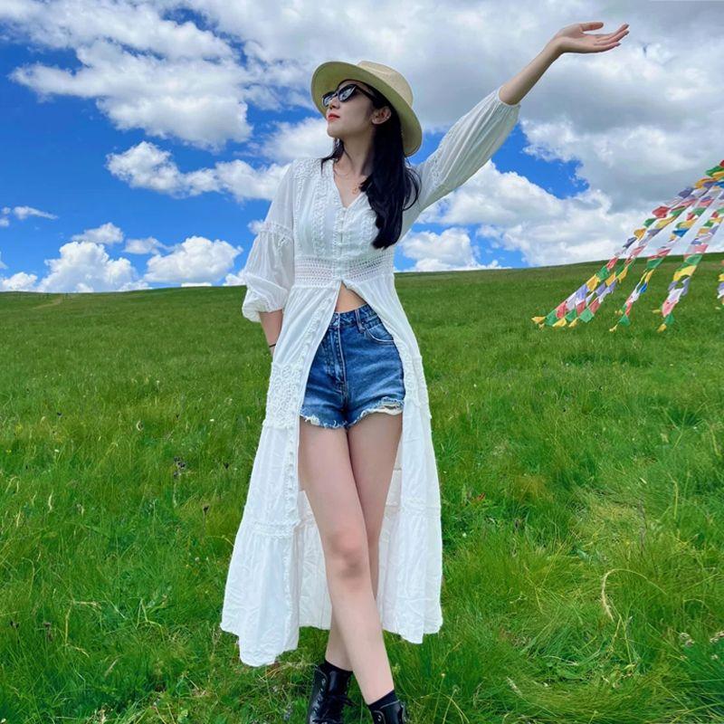 

Bohemia Xinjiang Desert Grassland Travel Blouse White(Two-wear Long sleeves single-breasted) S